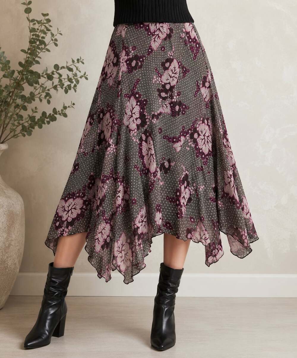 Anne Klein 100% Silk Floral Asymmetrical Hem Skirt Size 2